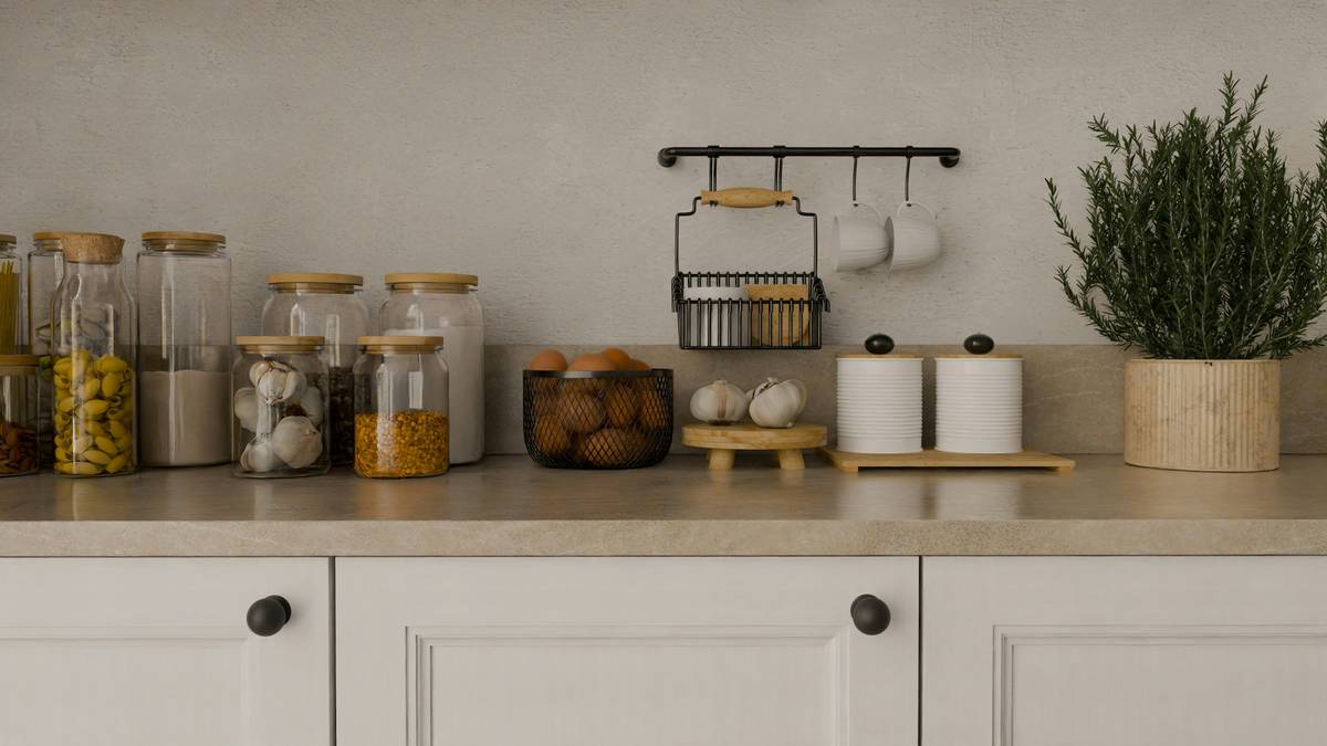Assorted biodegradable containers for food on a kitchen counter next to fresh produce